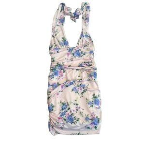 Zara pastel pink floral flower ruched halter top bodycon mini dress Sz XS